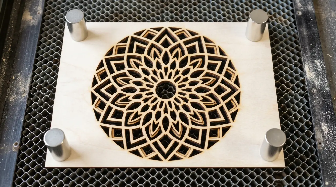 3mm basswood plywood sheet on honeycomb laser bed held flat by small rare-earth magnets placed at the corners in waste areas outside the visible cut design