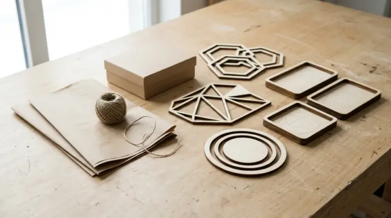 Finished laser-cut basswood decor pieces displayed on a workshop table next to plain kraft paper packaging, with no eco-label stickers or green marketing badges visible, just the natural wood and simple packaging