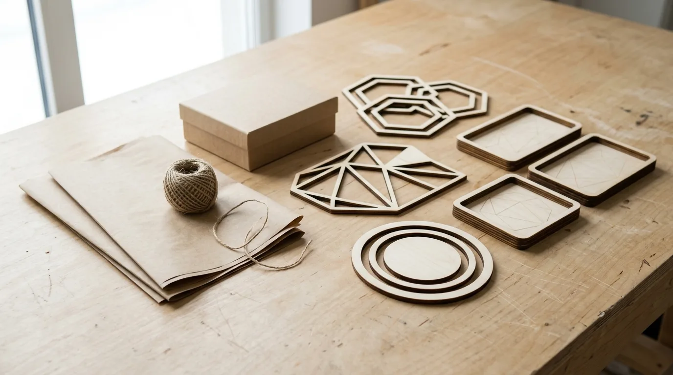 Finished laser-cut basswood decor pieces displayed on a workshop table next to plain kraft paper packaging, with no eco-label stickers or green marketing badges visible, just the natural wood and simple packaging