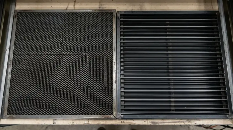 Side-by-side laser cutter work beds: a metal honeycomb grid bed on one side and a parallel slat bed on the other, both clean and empty, showing the structural difference between the two bed types