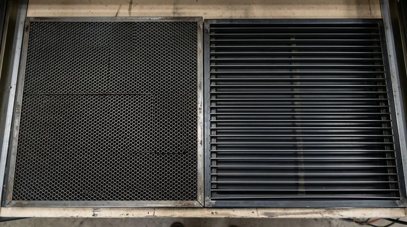 Side-by-side laser cutter work beds: a metal honeycomb grid bed on one side and a parallel slat bed on the other, both clean and empty, showing the structural difference between the two bed types