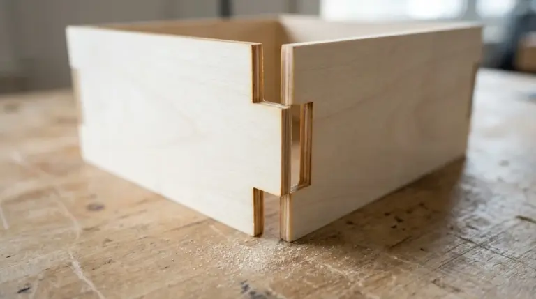 Close-up of a friction-fit box-joint finger in 3mm basswood plywood being inserted into a mating slot, showing the dark brown laser-cut edge and pale cream wood face