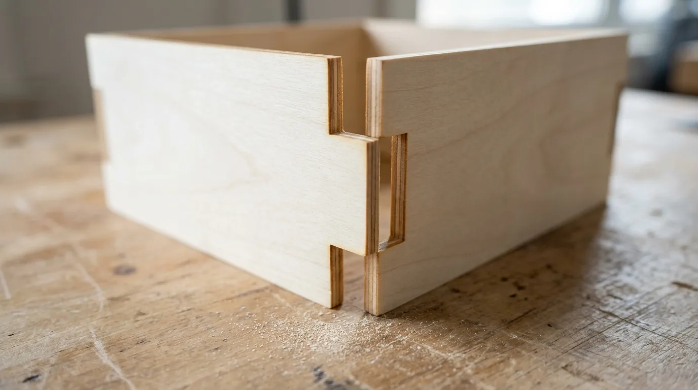 Close-up of a friction-fit box-joint finger in 3mm basswood plywood being inserted into a mating slot, showing the dark brown laser-cut edge and pale cream wood face