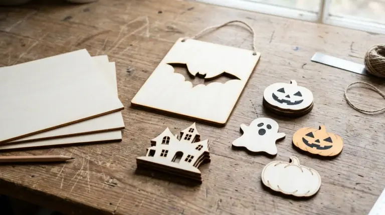 Laser-cut basswood Halloween decorations including a bat silhouette wall sign, layered haunted house scene, and pumpkin-shaped coasters on a workbench with laser engraver in background