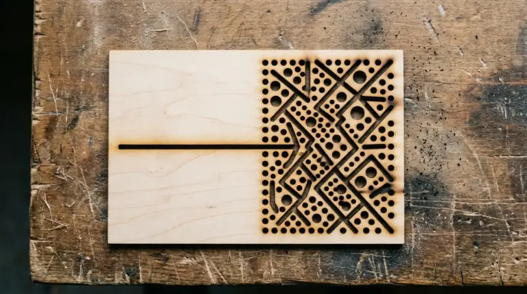 Laser-cut 3mm basswood panel showing intricate filigree pattern with visible dark charring and rounding concentrated at tight interior corners and small circular holes, next to a clean straight-edge cut with pale cream wood and dark brown kerf