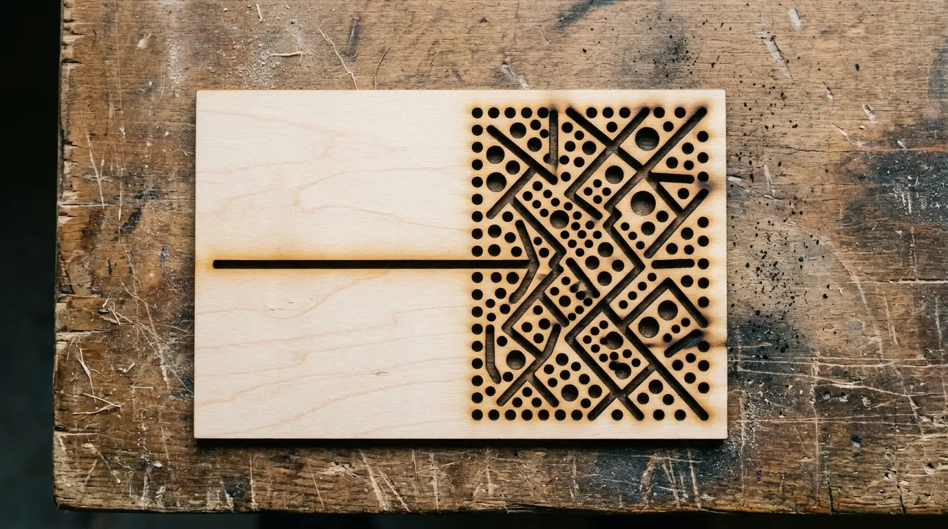 Laser-cut 3mm basswood panel showing intricate filigree pattern with visible dark charring and rounding concentrated at tight interior corners and small circular holes, next to a clean straight-edge cut with pale cream wood and dark brown kerf