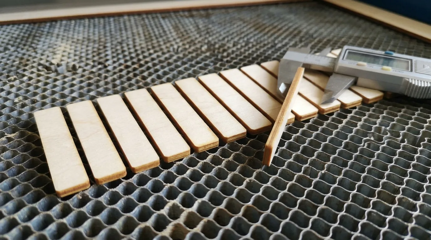 Row of ten identical laser-cut 3mm basswood parts arranged on a honeycomb bed with digital calipers measuring the width of the first and last part, showing slight dimensional difference