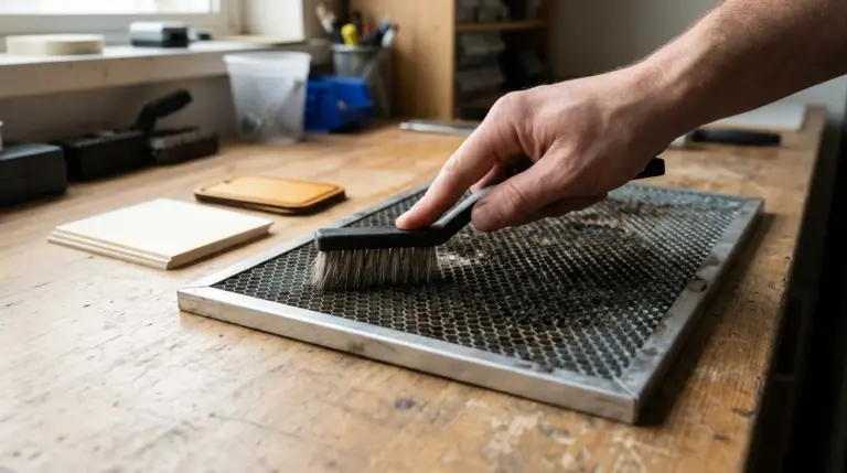 Hand scrubbing a laser honeycomb bed with a brush, soot and resin residue visible on the metal grid