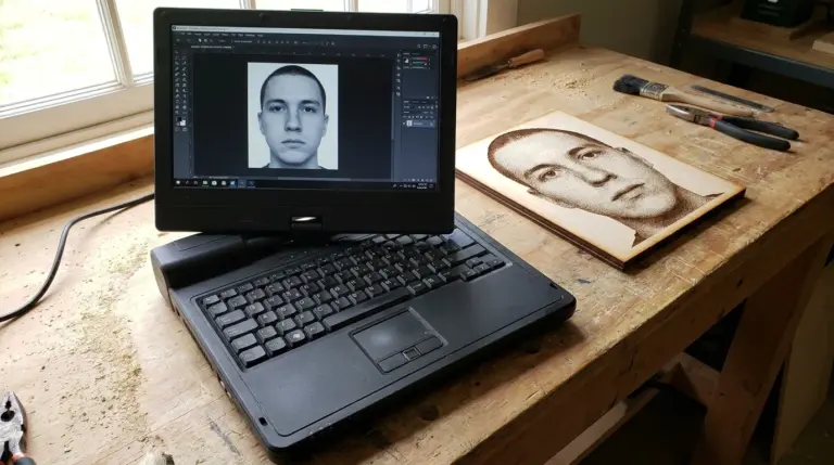 Laptop screen showing grayscale portrait photo being edited in photo software next to a laser-engraved basswood portrait sample on a workbench