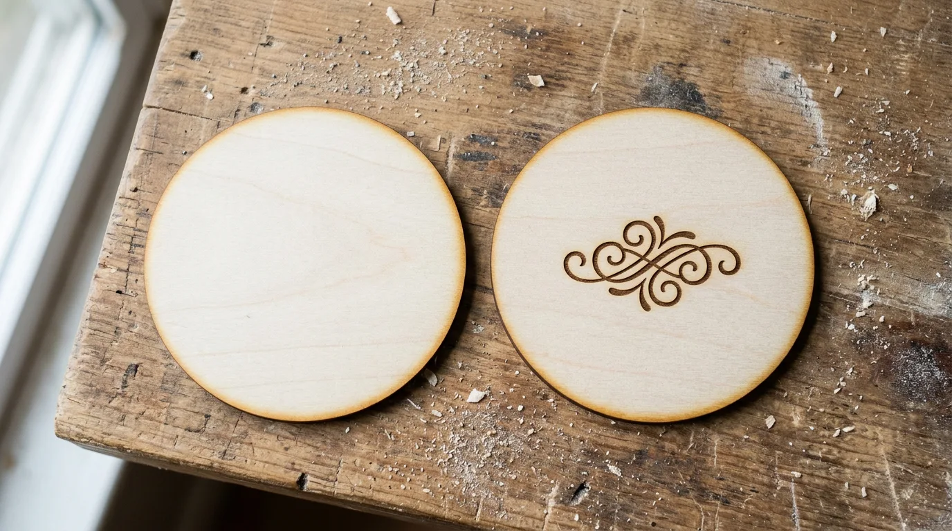 Two identical round basswood discs side by side on a workbench - one plain unfinished blank and one with a small decorative engraved monogram-style mark