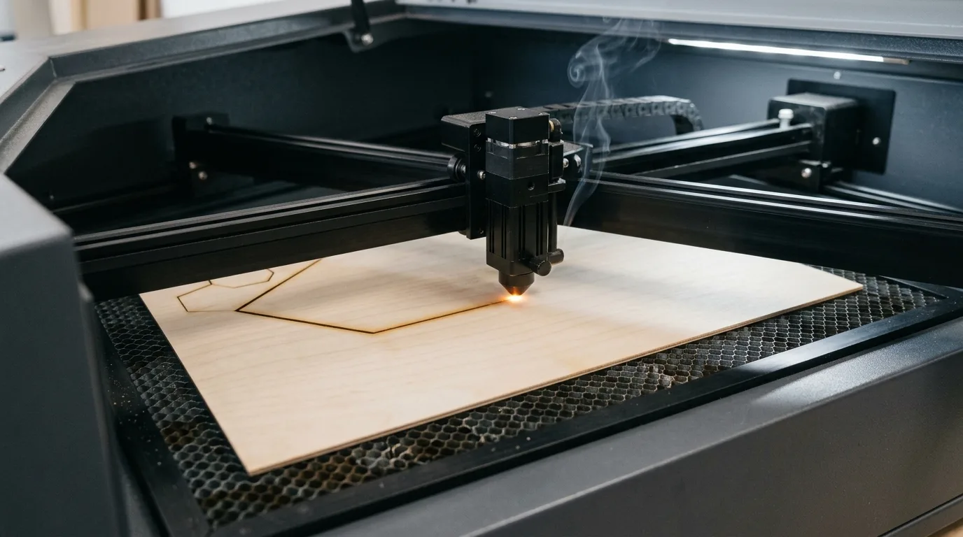 Laser cutting through 3mm basswood mid-cut, showing thin light grey smoke rising cleanly from the kerf and a small orange glow at the beam point