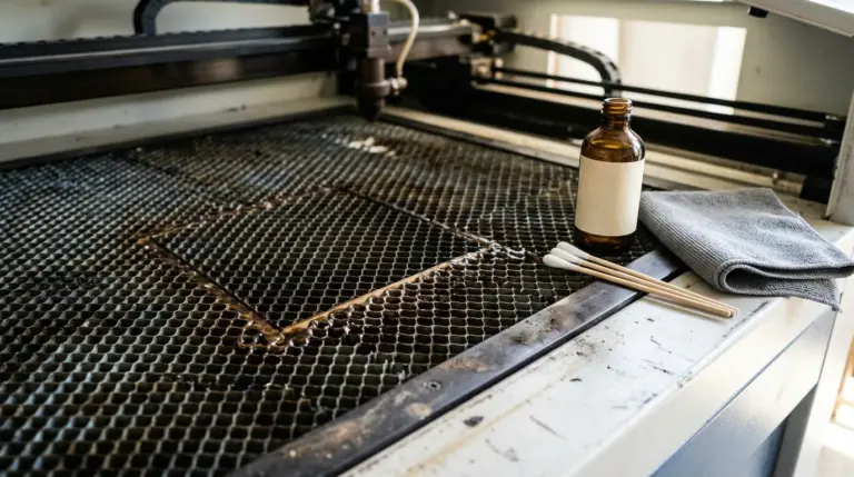 Laser cutter honeycomb bed with visible dark sticky glue residue built up around the cells after cutting plywood, next to a clean lint-free swab and a small bottle of isopropyl alcohol laid out for cleaning