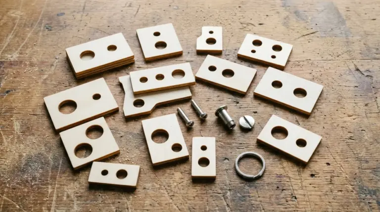 Laser-cut 3mm basswood scraps with test holes of different diameters, plus screws, a Chicago screw, and a key ring laid out on a workbench for size comparison