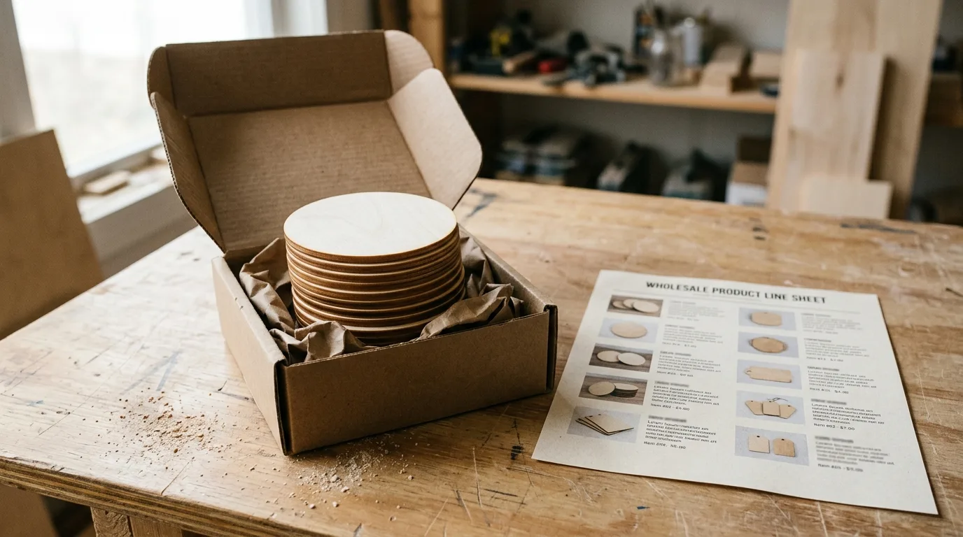 Small stack of identical laser-cut basswood coasters case-packed into a shipping box next to a printed wholesale line sheet on a workshop table