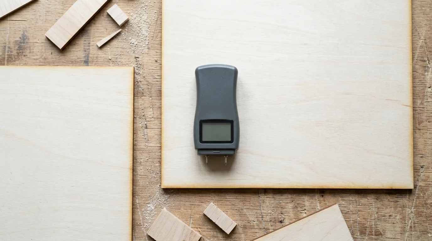 Generic handheld moisture meter resting on a 3mm basswood plywood sheet, top-down view, before laser cutting