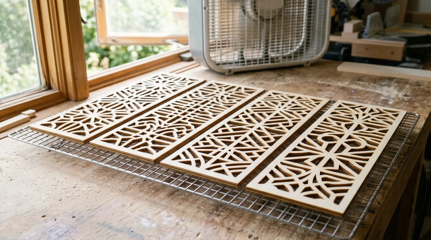 Finished laser-cut basswood decorative panels resting on a wire drying rack near an open window with sunlight, airing out before packaging
