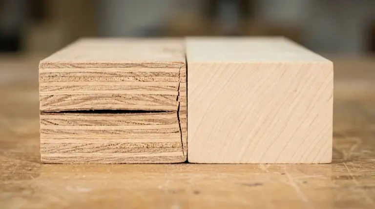 A plywood sheet cross-section showing an internal void and glue pocket between plies, next to a solid basswood cross-section with no gaps, illustrating why one material can trap gas and pop while the other cannot