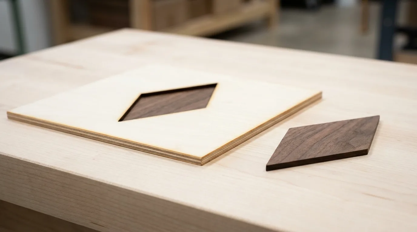 Pale square basswood panel with a diamond window cut through to a darker wood backing, and a loose darker diamond insert beside it