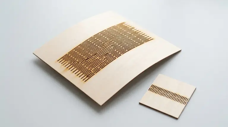 Pale square basswood panel with a flexible band of parallel laser-cut slots bent into a gentle curve