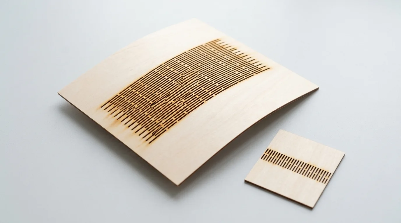 Pale square basswood panel with a flexible band of parallel laser-cut slots bent into a gentle curve