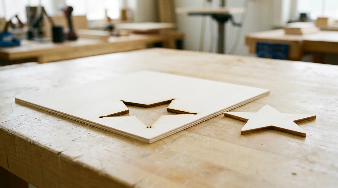 Thin square basswood sheet with a star shape cut out and a cleanly released star piece beside it showing intact edges