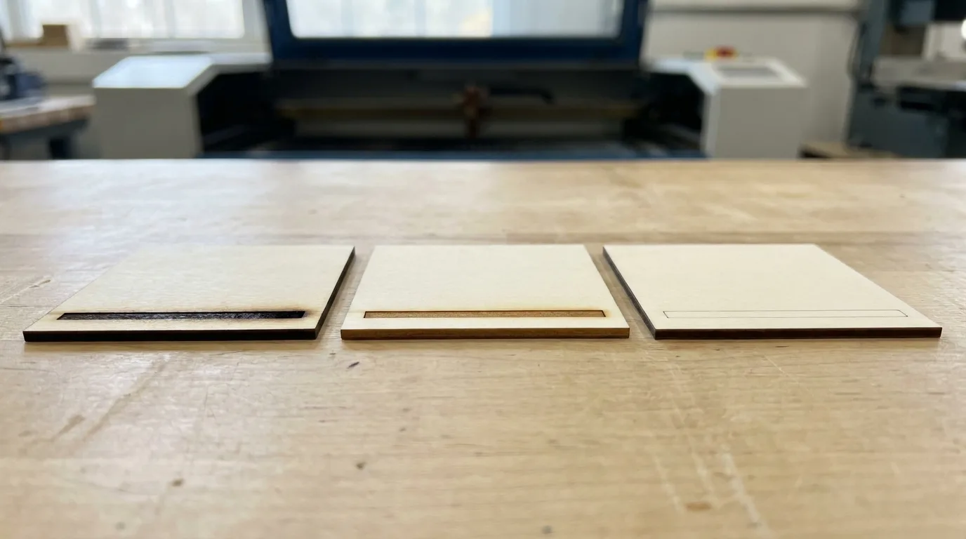 Three blank square basswood scraps side by side showing progressively lighter laser lines, a visual speed ladder test