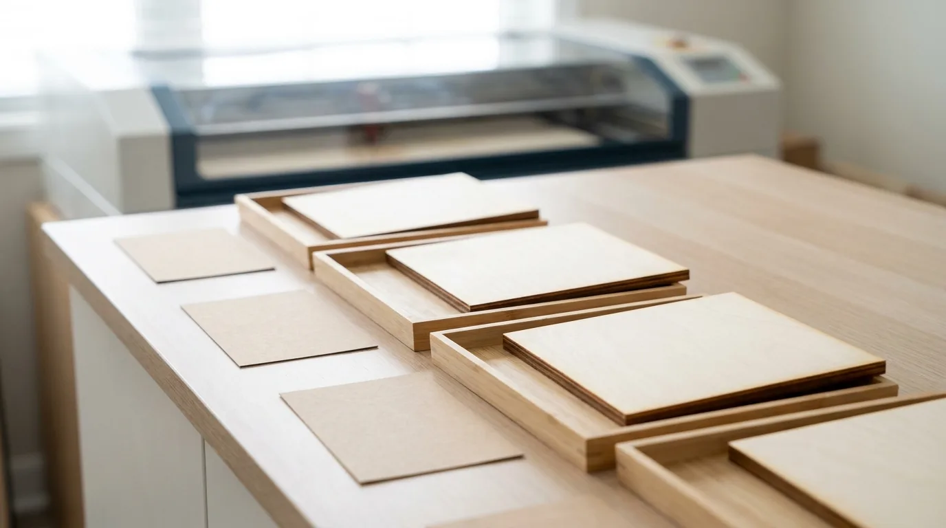 Laser engraving workstation with labeled job tickets and trays keeping personalized basswood orders separated