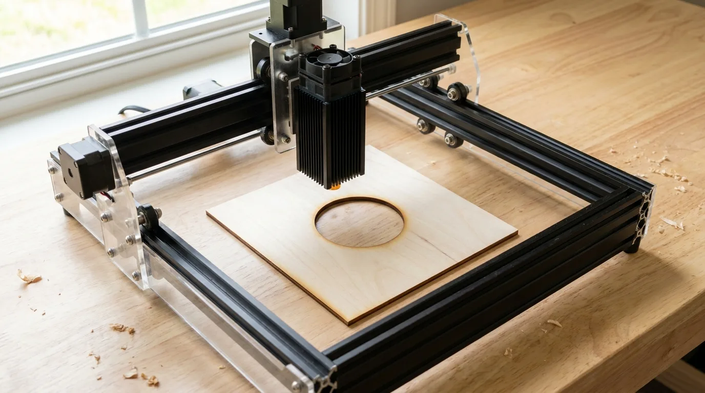 Open-frame diode laser machine with a finned heatsink and fan on the laser module above a pale square basswood sheet with a round cut-out