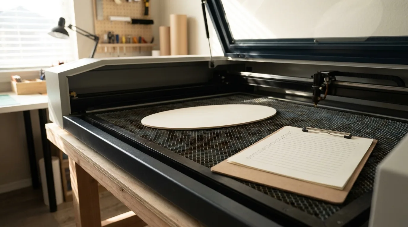 Laser engraver workstation with a labeled order ticket showing personalization fields next to a basswood sign blank