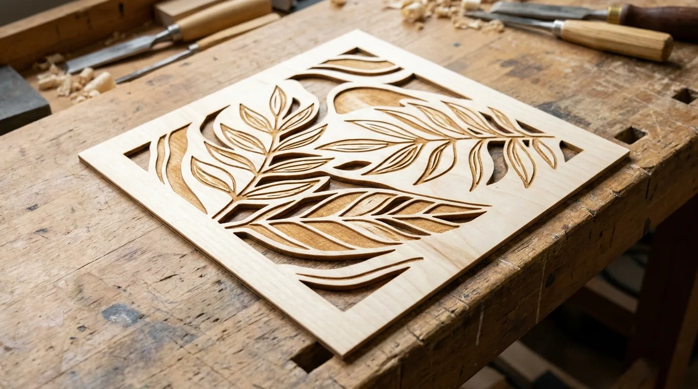 Laser-cut basswood wall art panel with visible warm grain and layered design, showing handmade craftsmanship