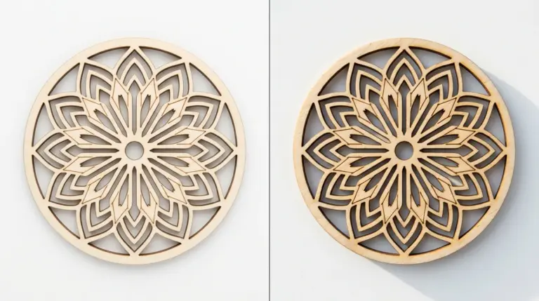 A laser-cut basswood product photographed under raking side light that reveals natural surface texture and a visible edge detail, next to the same product shot under flat even lighting that hides the same detail