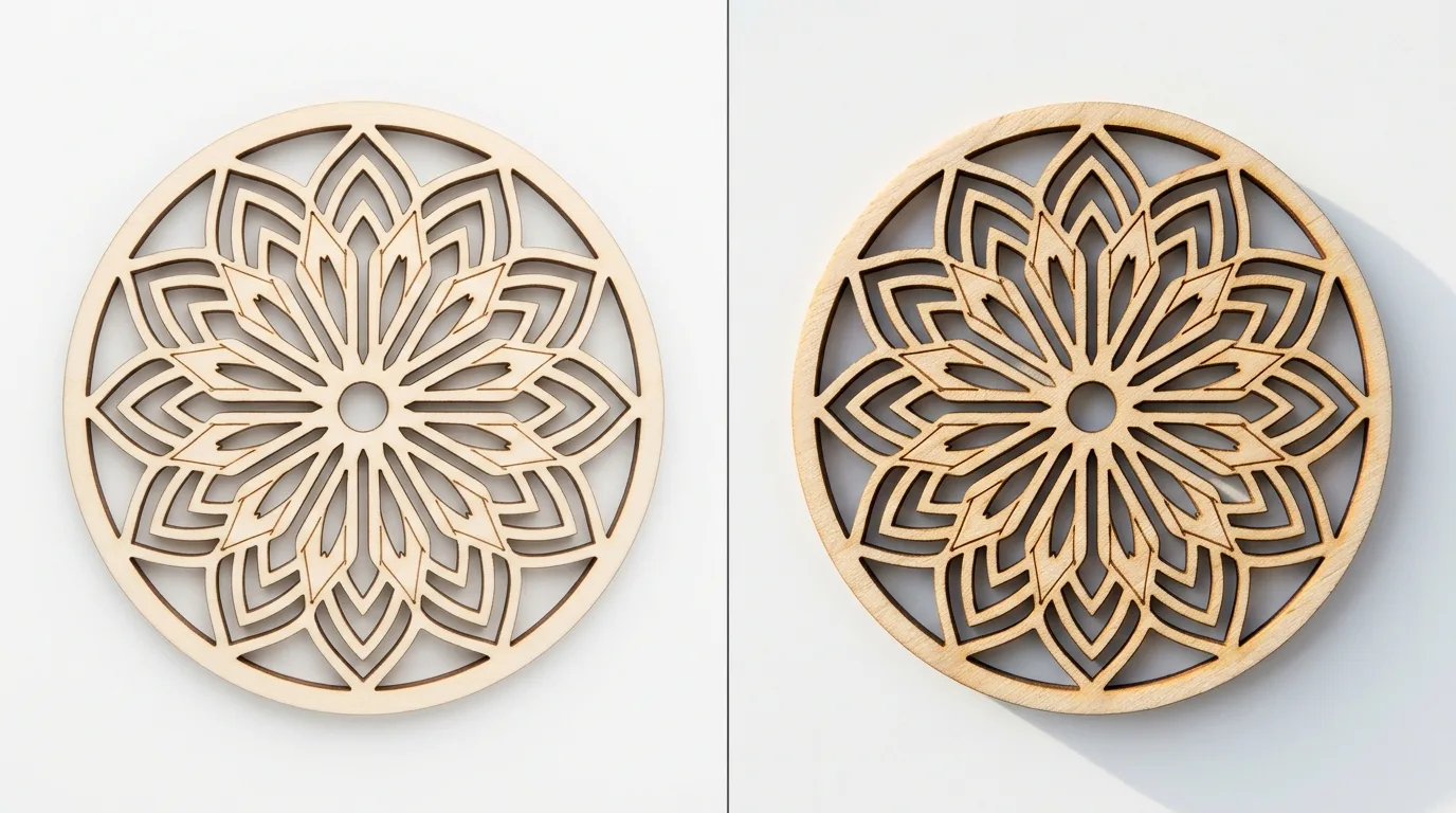A laser-cut basswood product photographed under raking side light that reveals natural surface texture and a visible edge detail, next to the same product shot under flat even lighting that hides the same detail