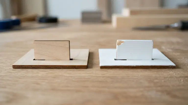 Two laser-cut basswood tab-and-slot test pieces side by side - one bare wood fitting together cleanly, one painted with a visibly thicker tab that no longer seats fully into its slot