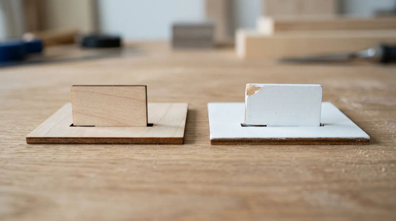 Two laser-cut basswood tab-and-slot test pieces side by side - one bare wood fitting together cleanly, one painted with a visibly thicker tab that no longer seats fully into its slot