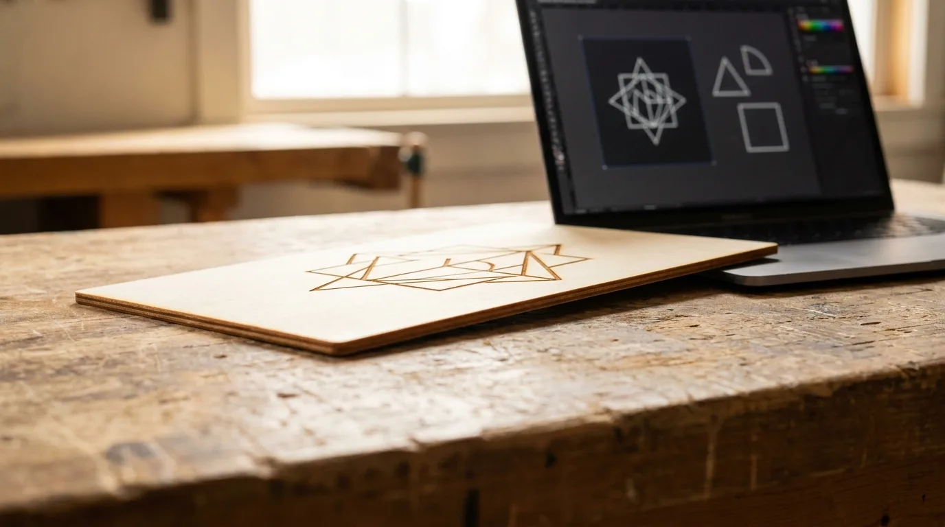 Laser-cut wood sign next to a tablet showing an SVG design file, comparing physical product and digital file selling