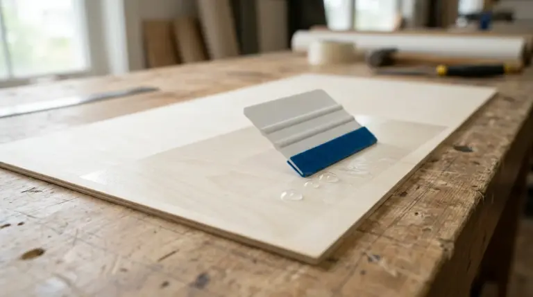 Clear transfer tape being applied to a 3mm basswood sheet with a plastic squeegee card pressing out air bubbles from the center outward toward the edges
