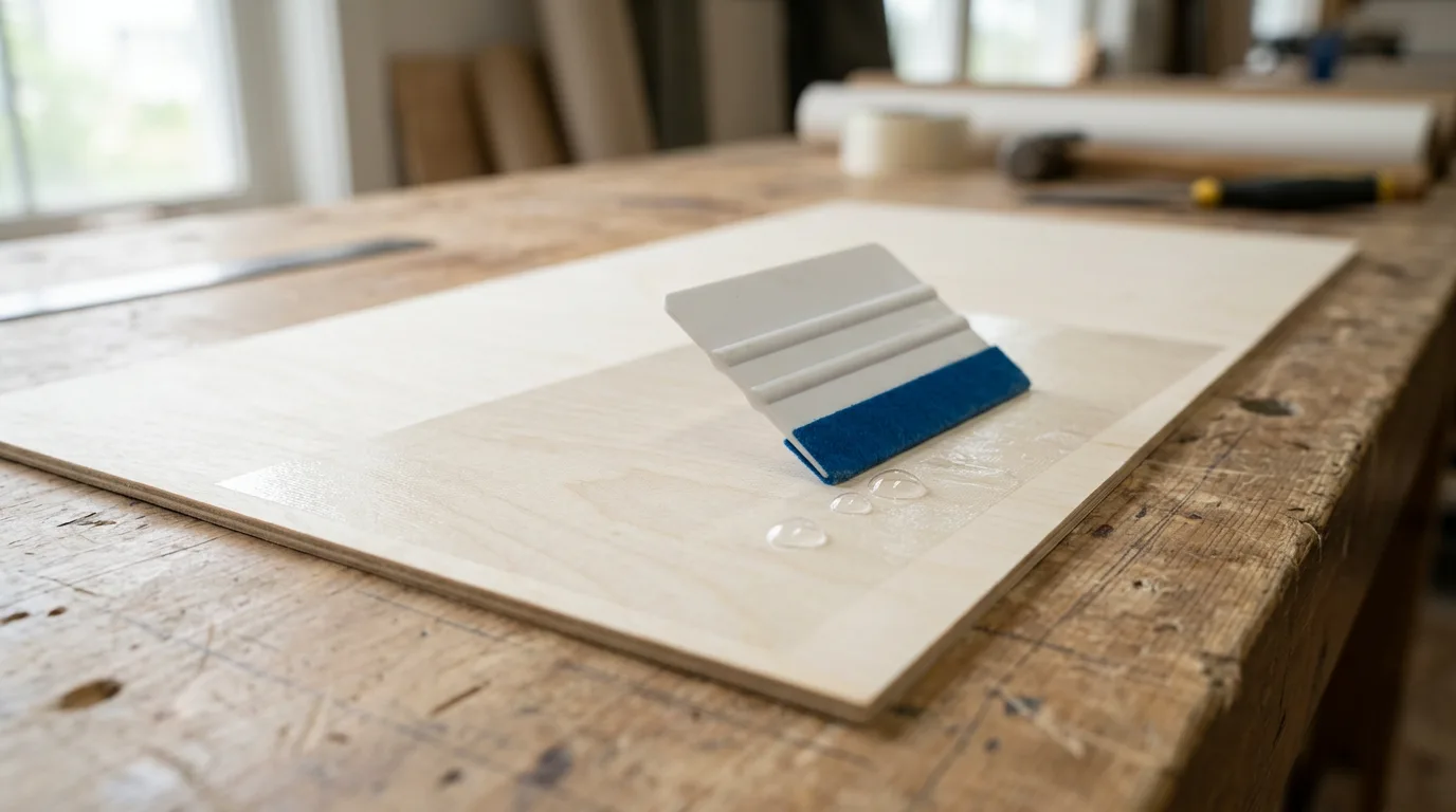Clear transfer tape being applied to a 3mm basswood sheet with a plastic squeegee card pressing out air bubbles from the center outward toward the edges