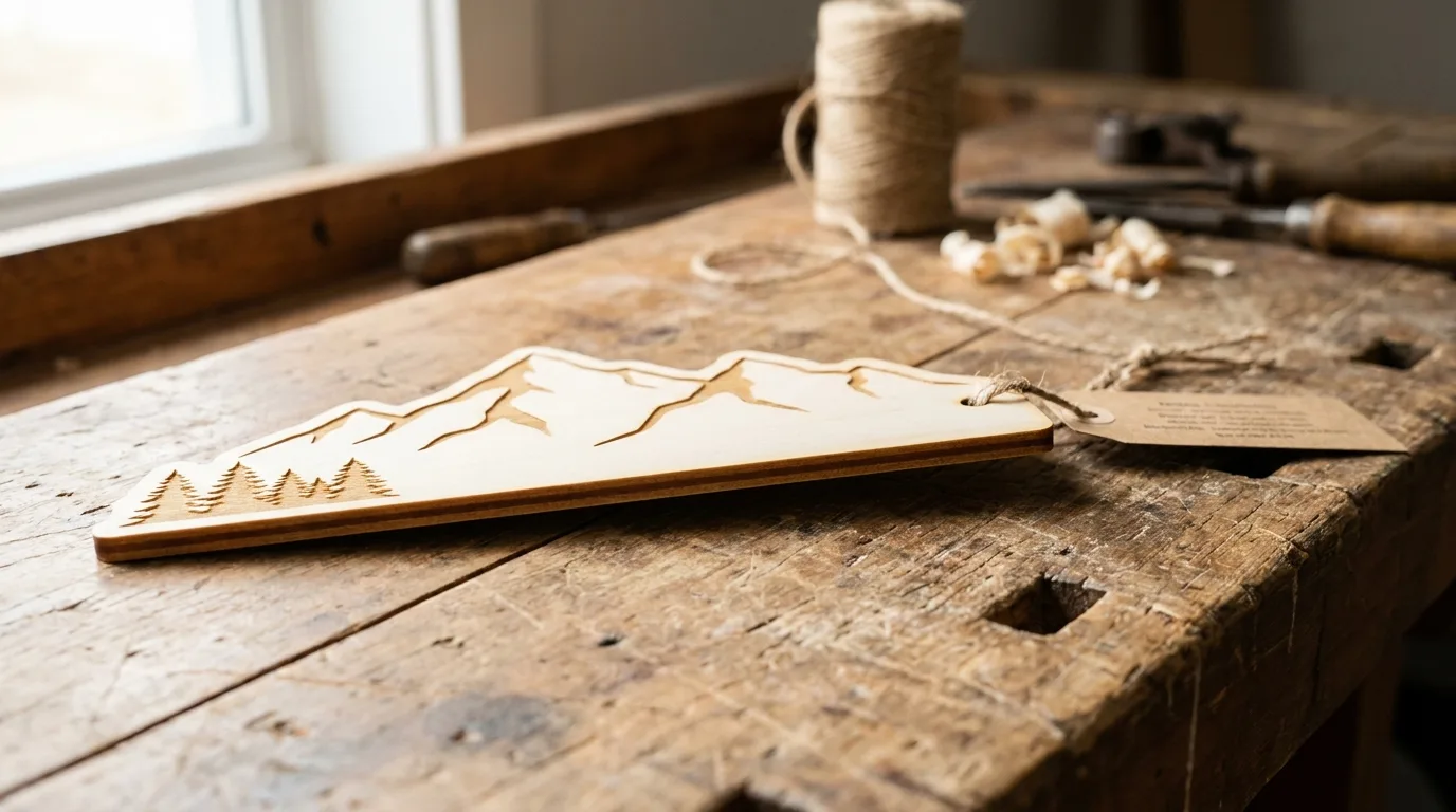 Finished laser-cut basswood wood sign with a tied-on care instruction card on a workshop table